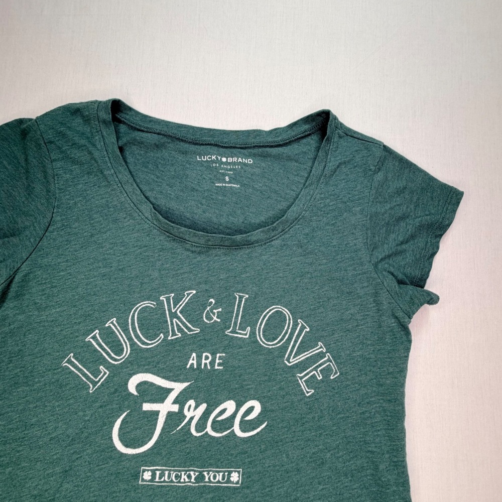 Lucky Brand Women's Green "Luck & Love‎ Are Free" Graphic T Shirt Size Small